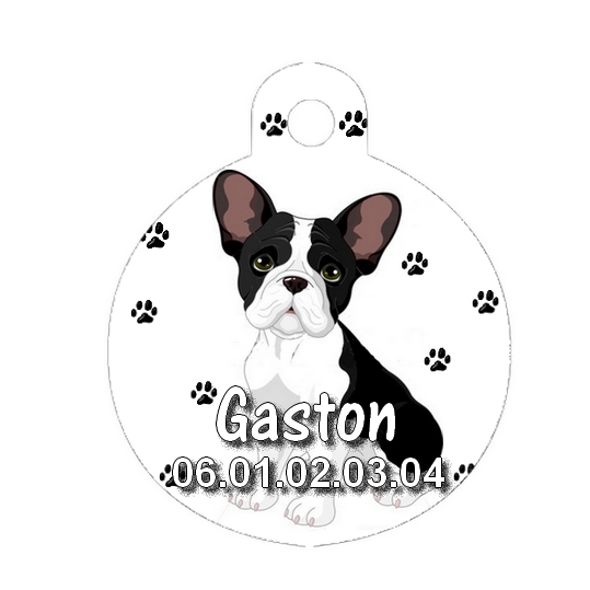 Médaille chien Bouledogue français personnalisée avec nom et numéro de téléphone