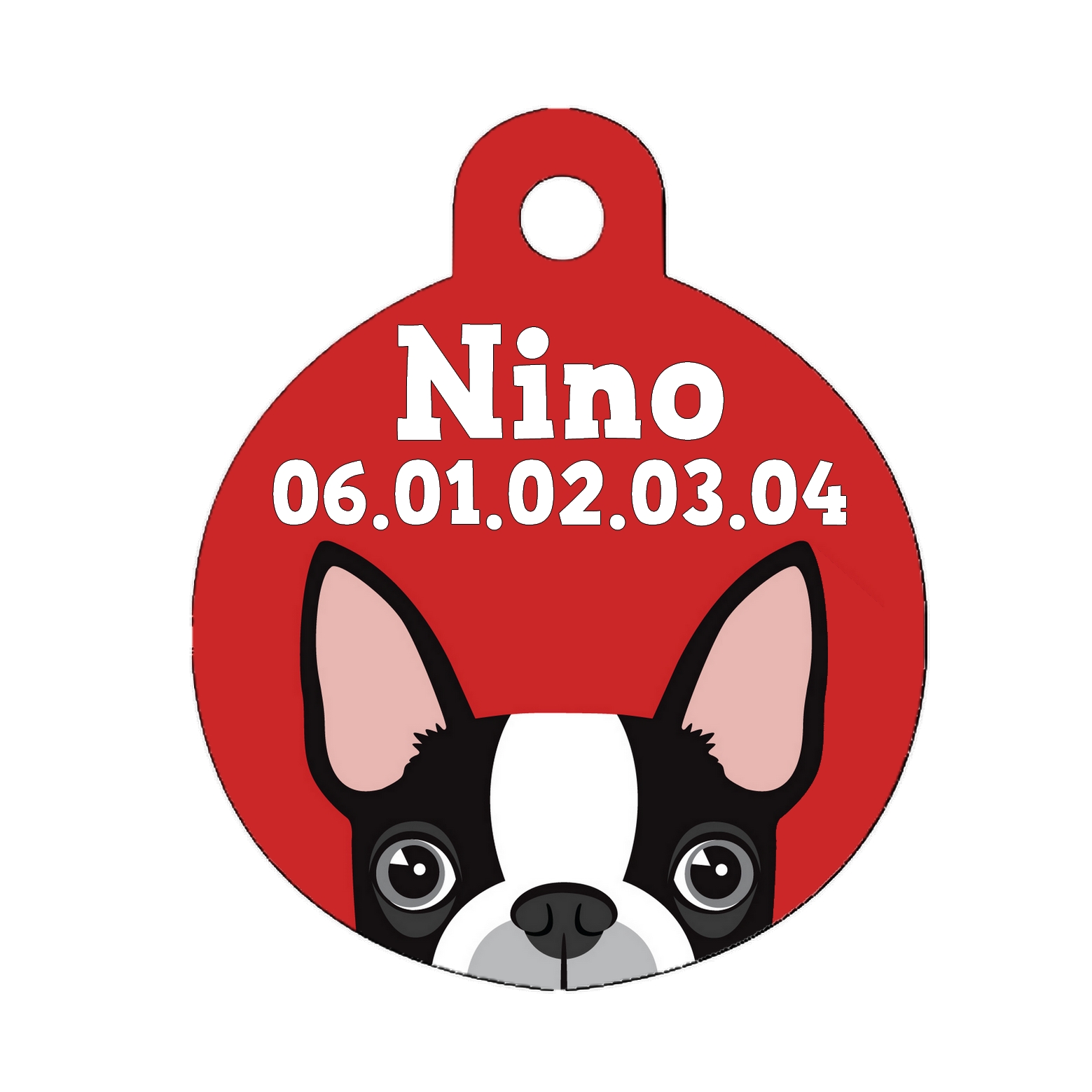 Médaille chien Boston terrier personnalisée avec nom et numéro de téléphone