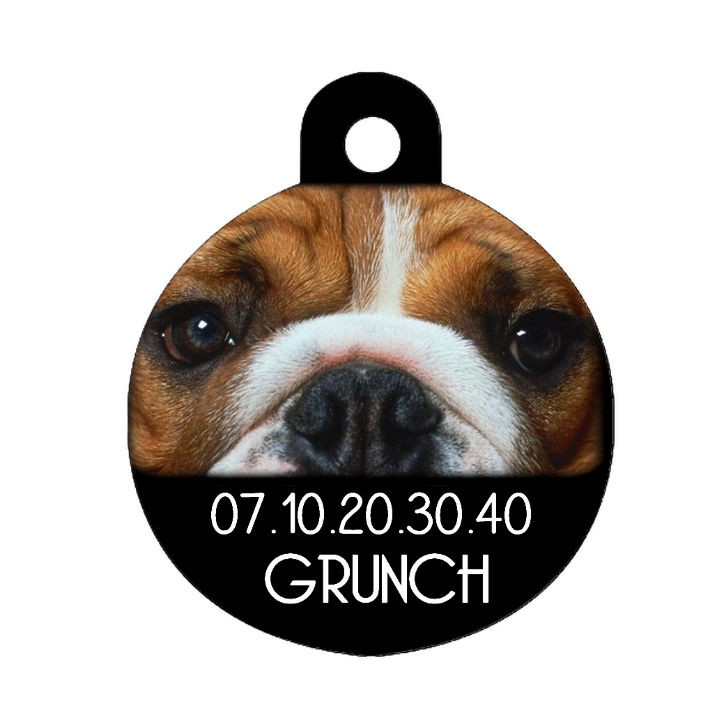 Médaille chien Bulldog personnalisée avec nom et numéro de téléphone