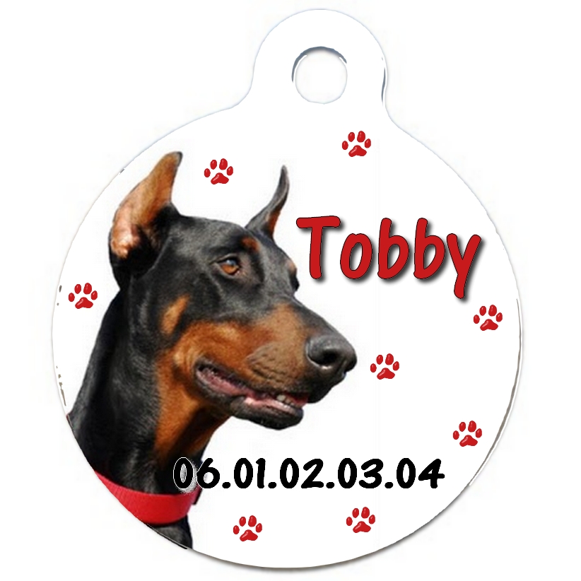 Médaille chien Dobermann personnalisée avec nom et numéro de téléphone