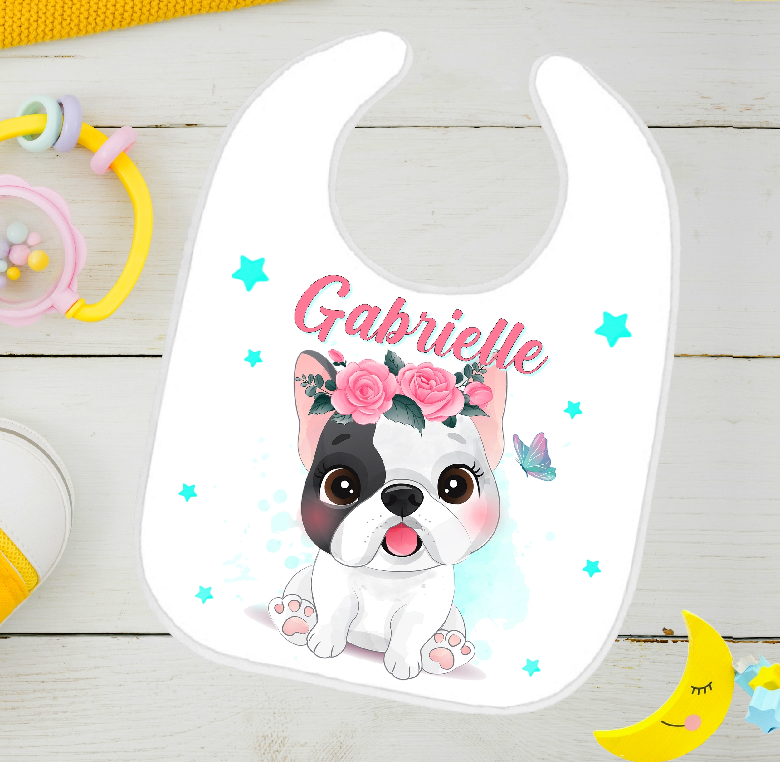 Bavoir bébé Bouledogue français personnalisé avec prénom