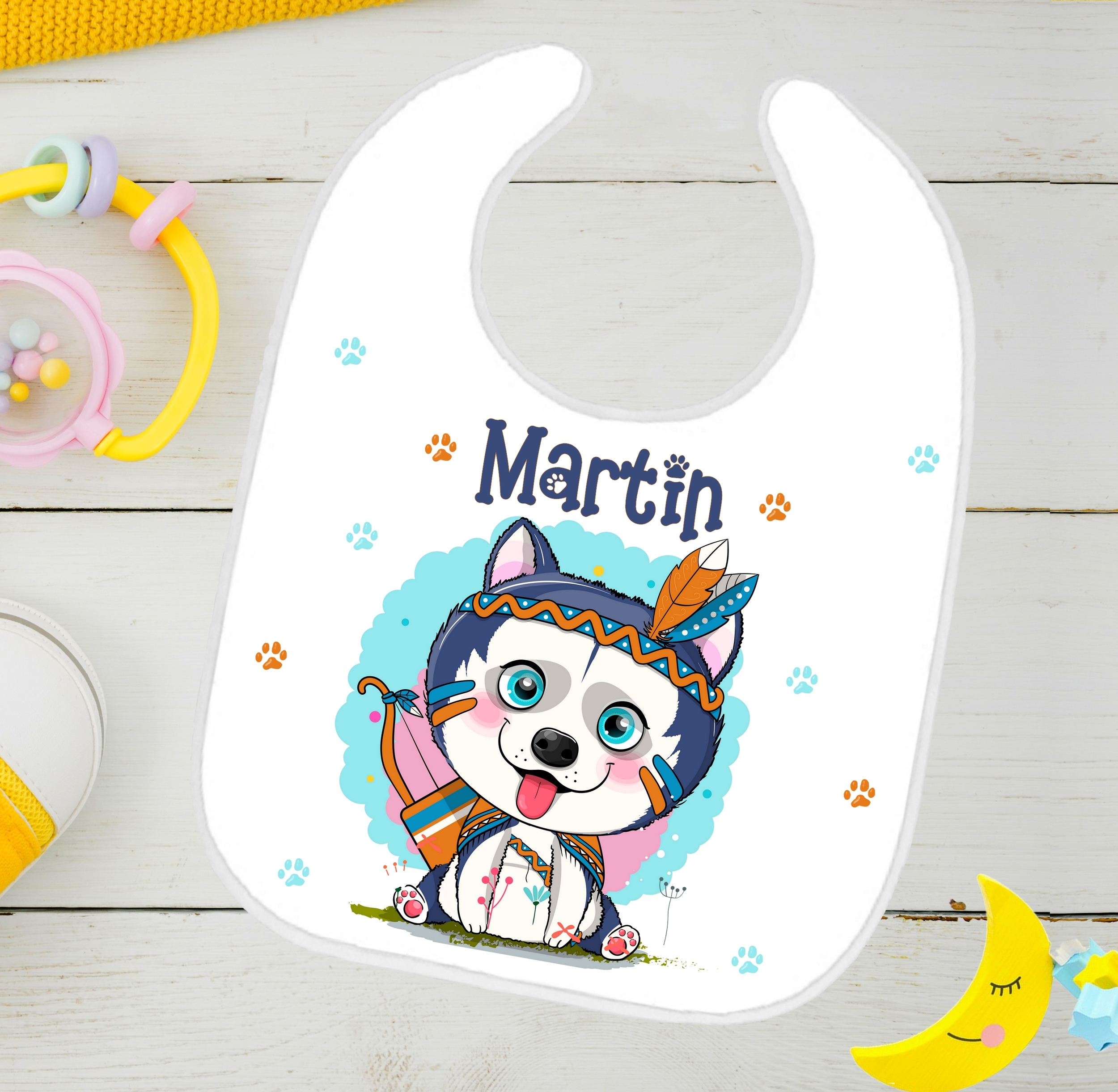 Bavoir bébé Husky personnalisé avec prénom