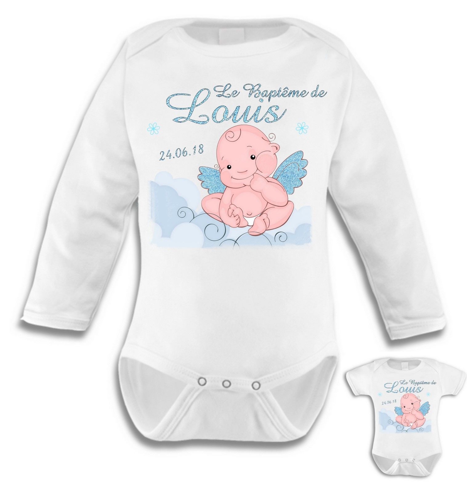 Body bébé Baptême garçon personnalisé avec prénom et date