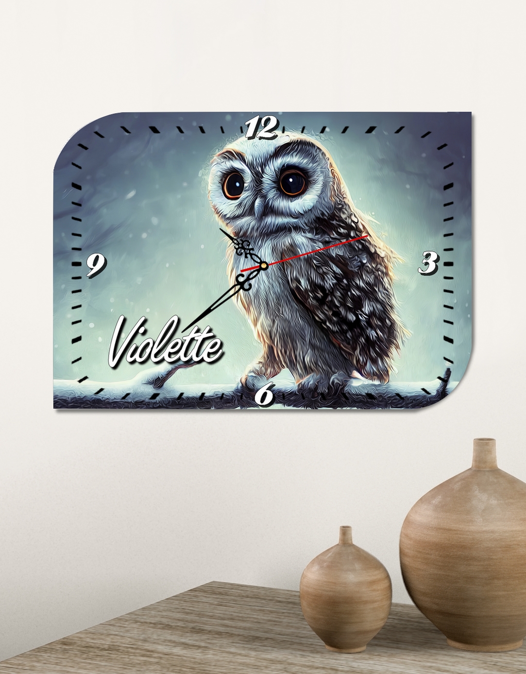 Pendule murale Chouette personnalisée avec prénom au choix