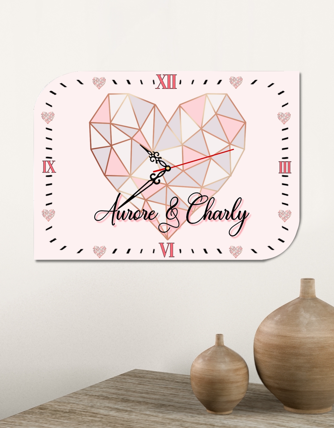 Pendule murale Amour coeurs personnalisée avec prénom au choix