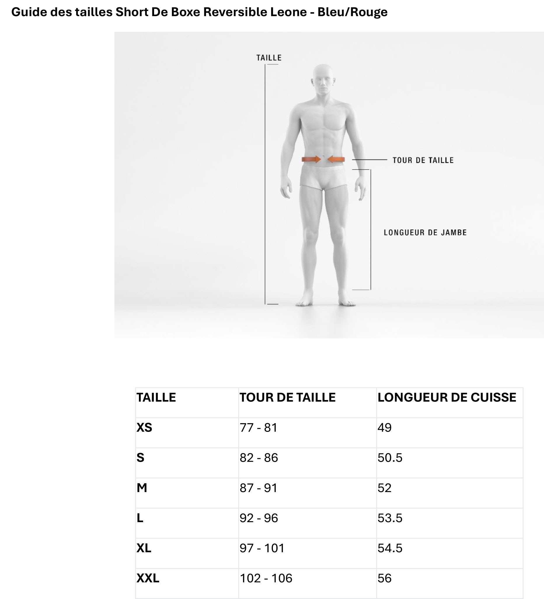Guide des tailles short de boxe Leone2