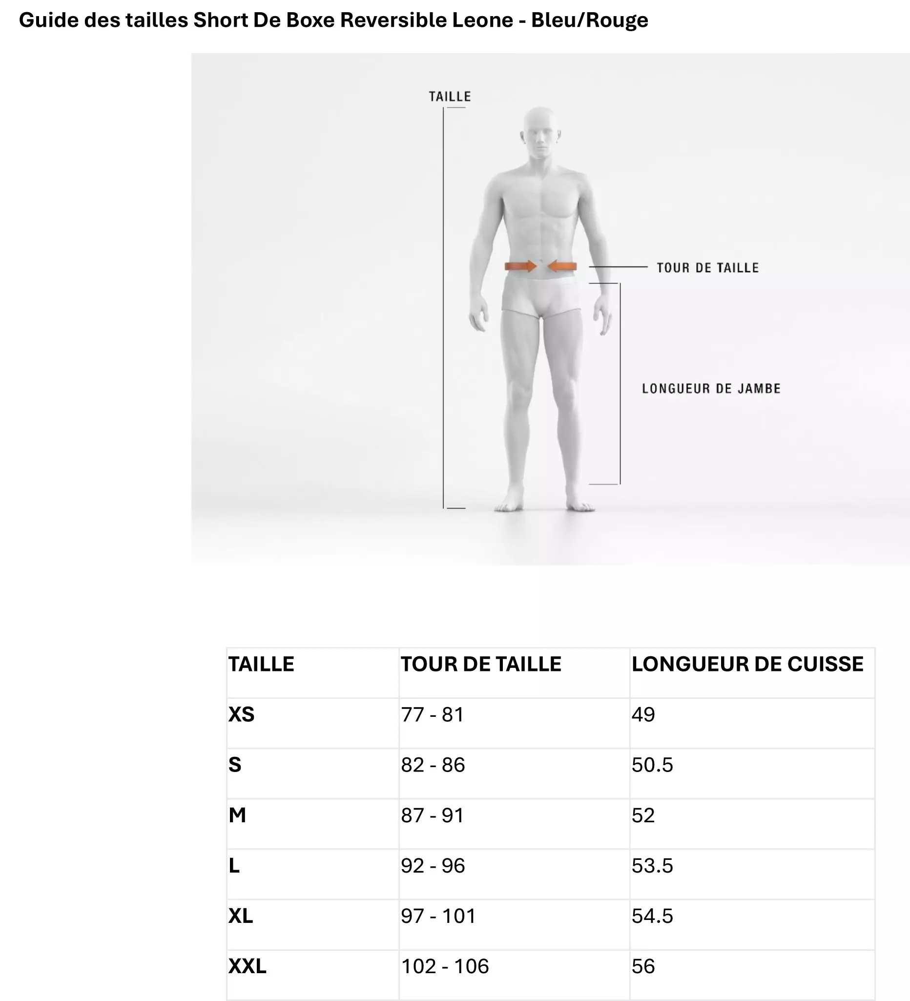 Guide des tailles short de boxe Leone2