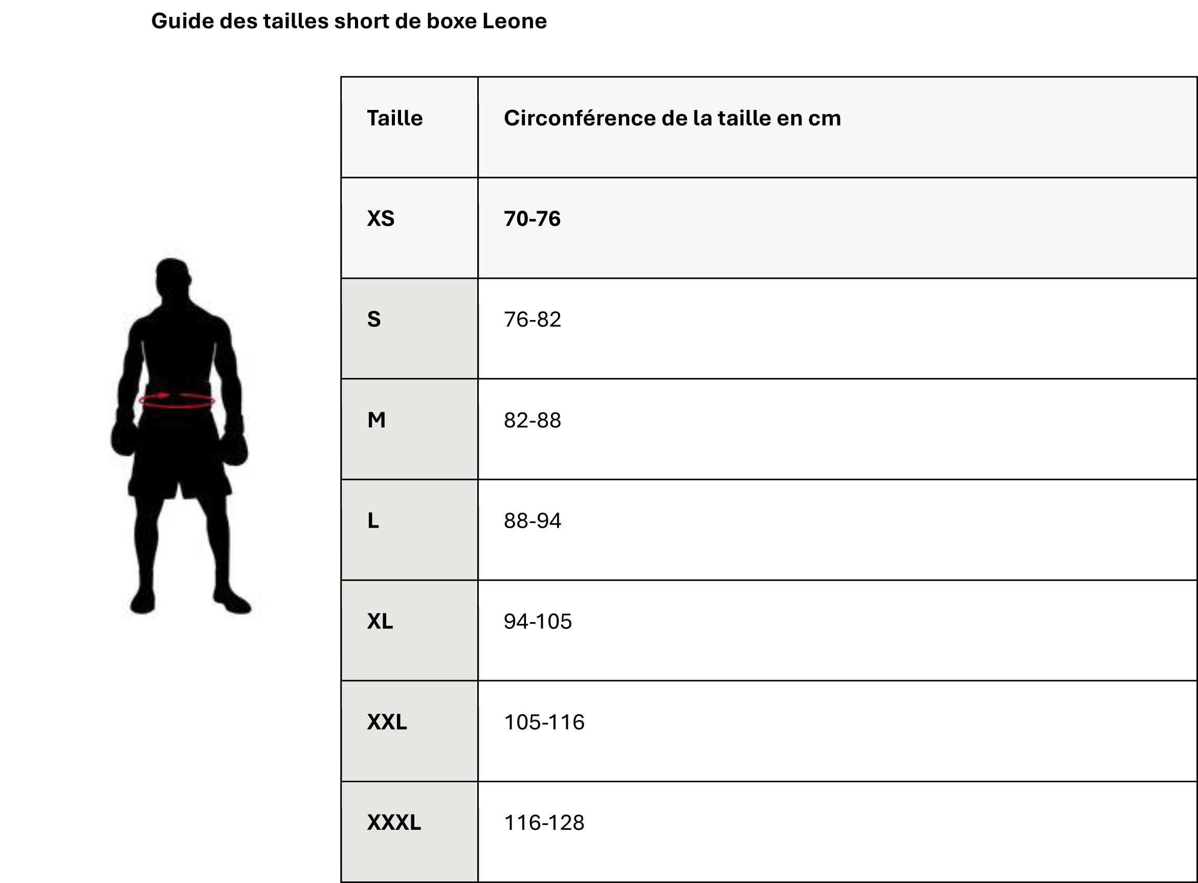 Guide des tailles short de boxe Leone