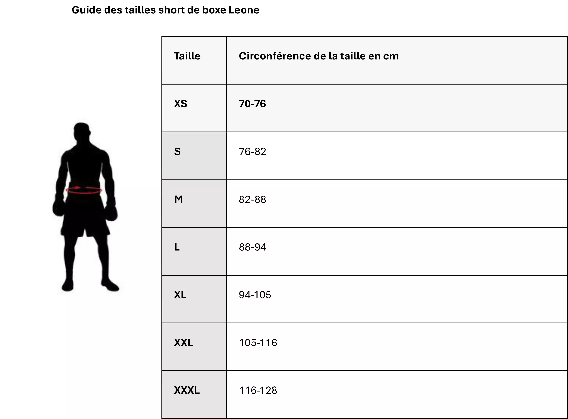 Guide des tailles short de boxe Leone