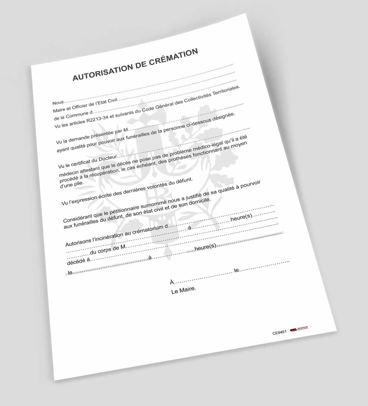 Autorisation de crémation Formulaires et registres
