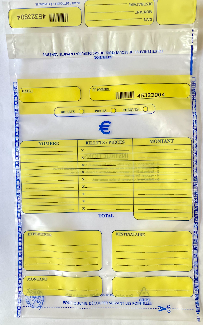 Sachet scellé pour transport de fonds pour mairie