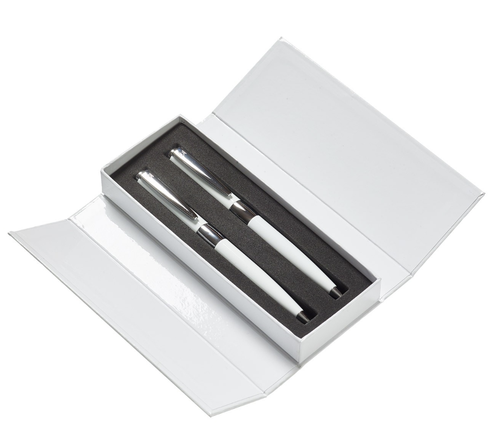PartyDeco Stylo Pour Signatures Album Mariage Avec Support - Blanc Coeurs Dorés 8x8x16 Cm