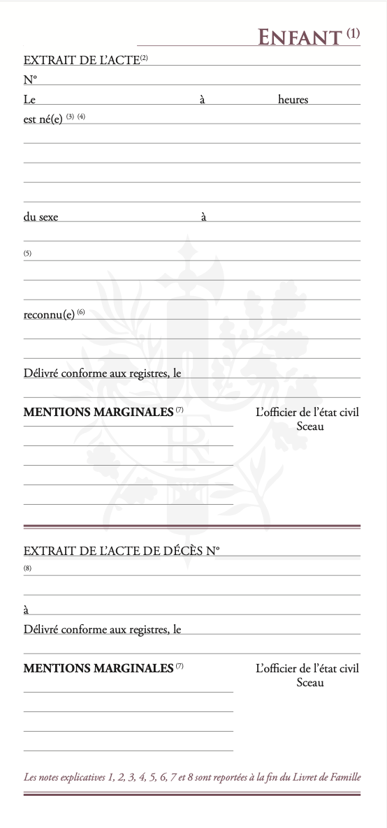 Livret de famille page enfant