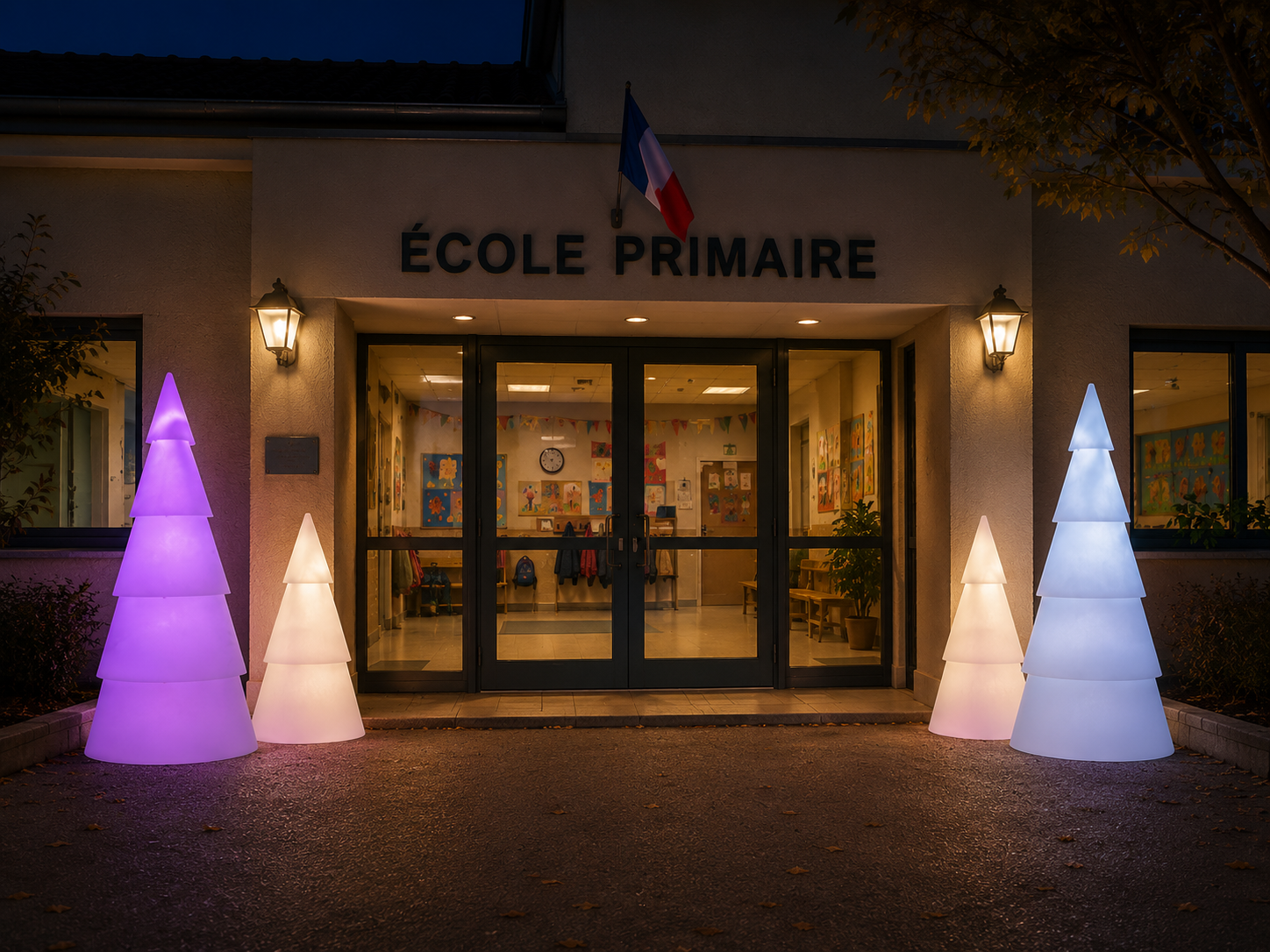 Sapins 3D devant école