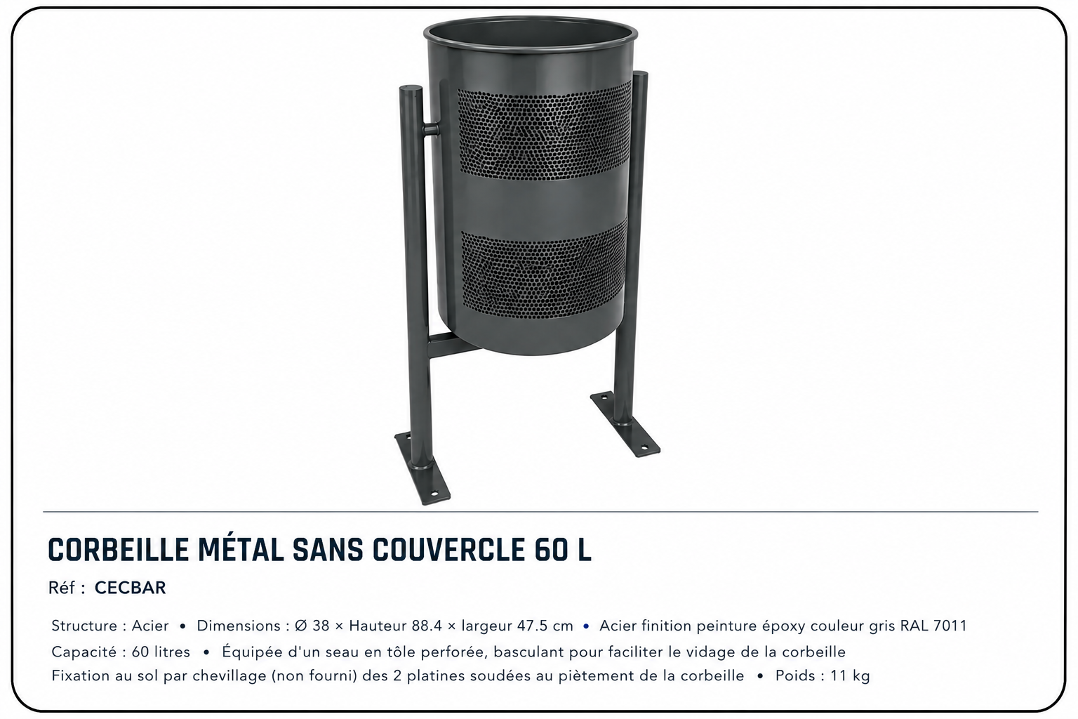 Corbeille métal sans couvercle 60 L pour collectivités