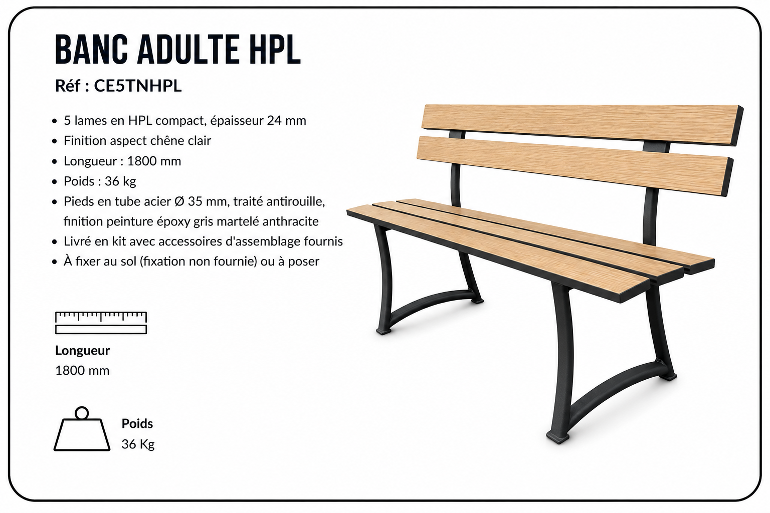 banc-adulte-hpl-1800mm-pieds-acier-anthracite