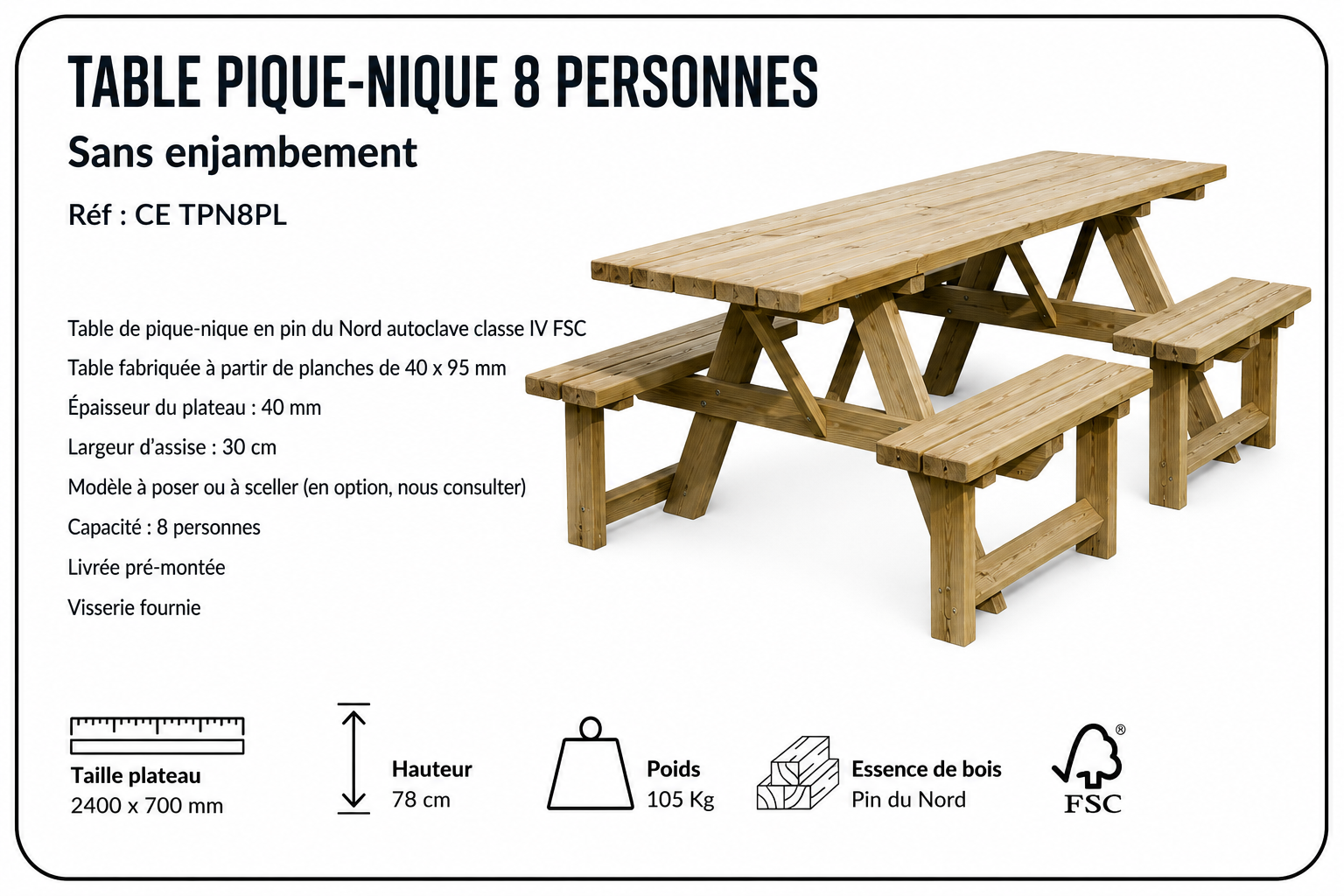 table-pique-nique-8-personnes-sans-enjambement-pin-du-nord