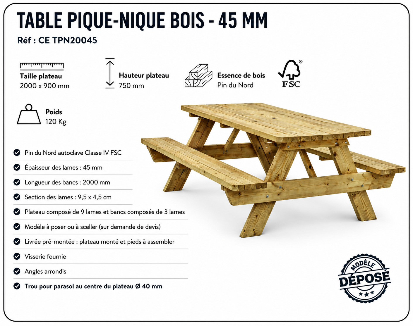 table-pique-nique-bois-45mm-pin-nord-fsc