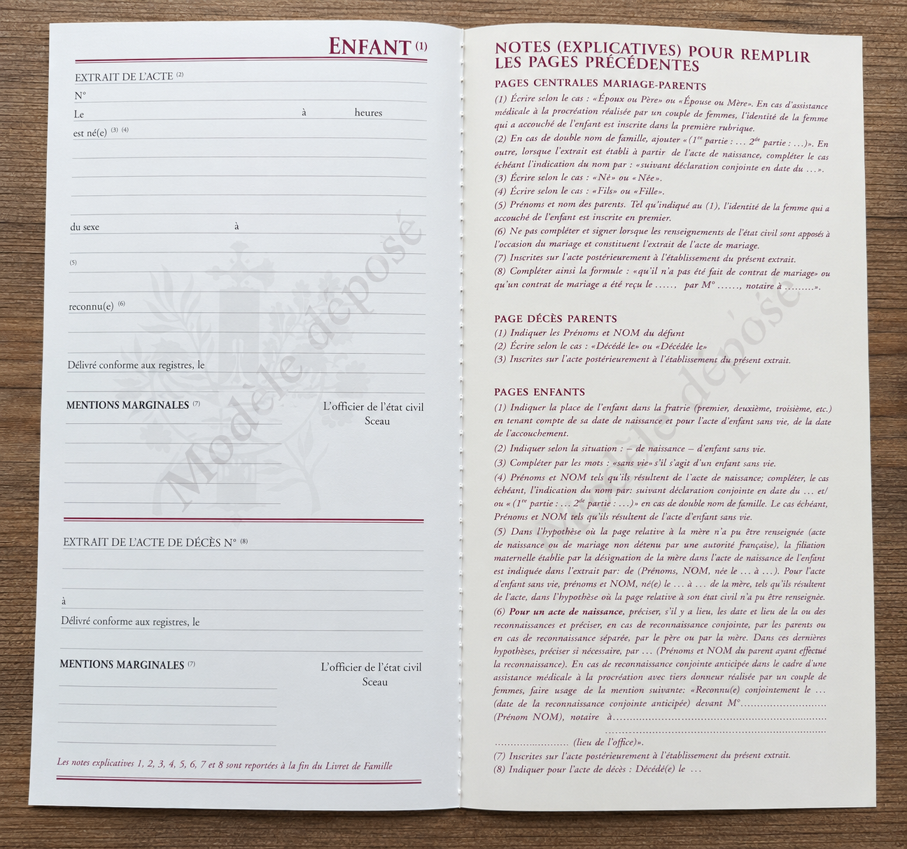 livret de famille page enfant avec note explicative