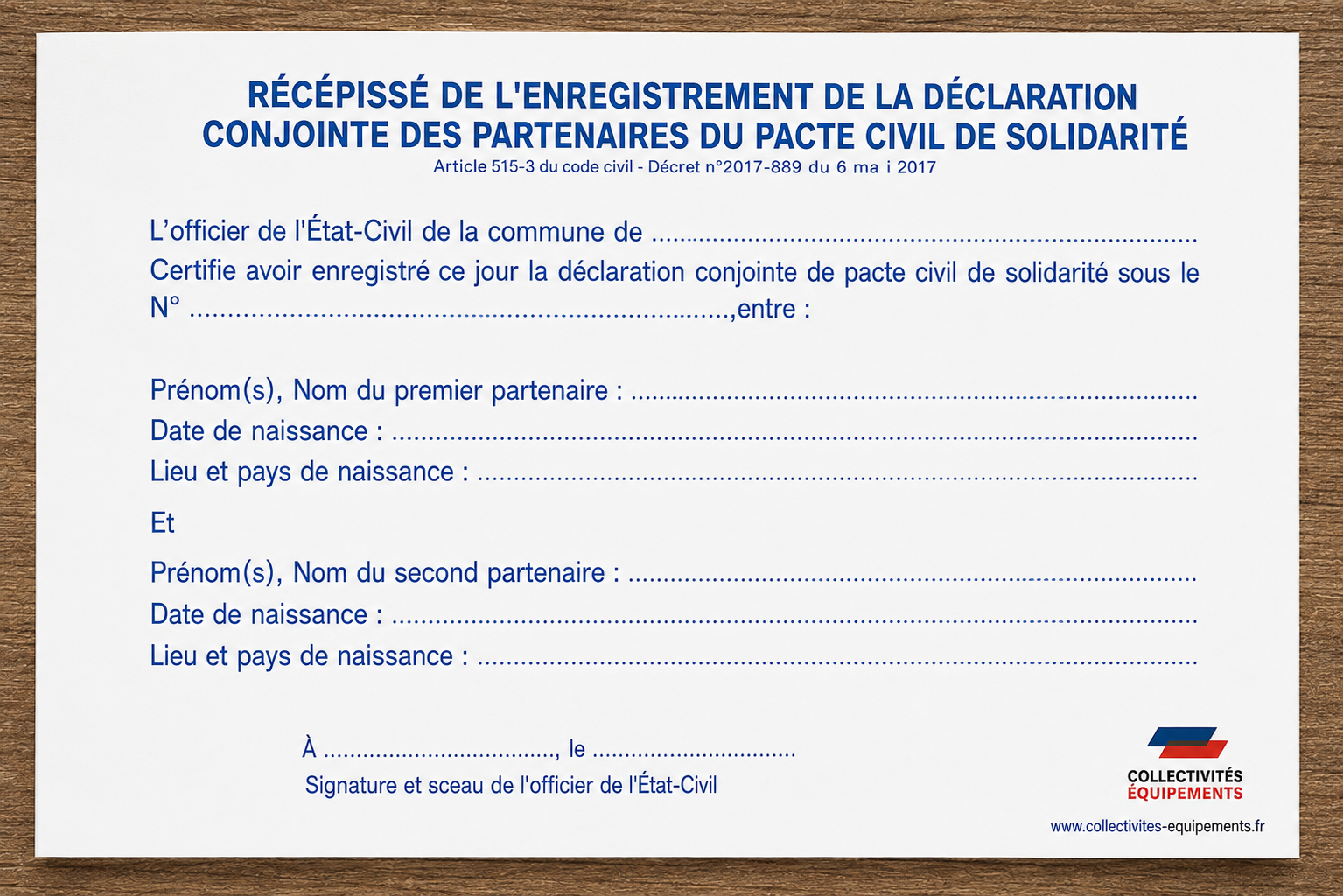 récépissé de lenregistrement de la déclaration conjointe des partenaires du Pacte Civil de Solidarité