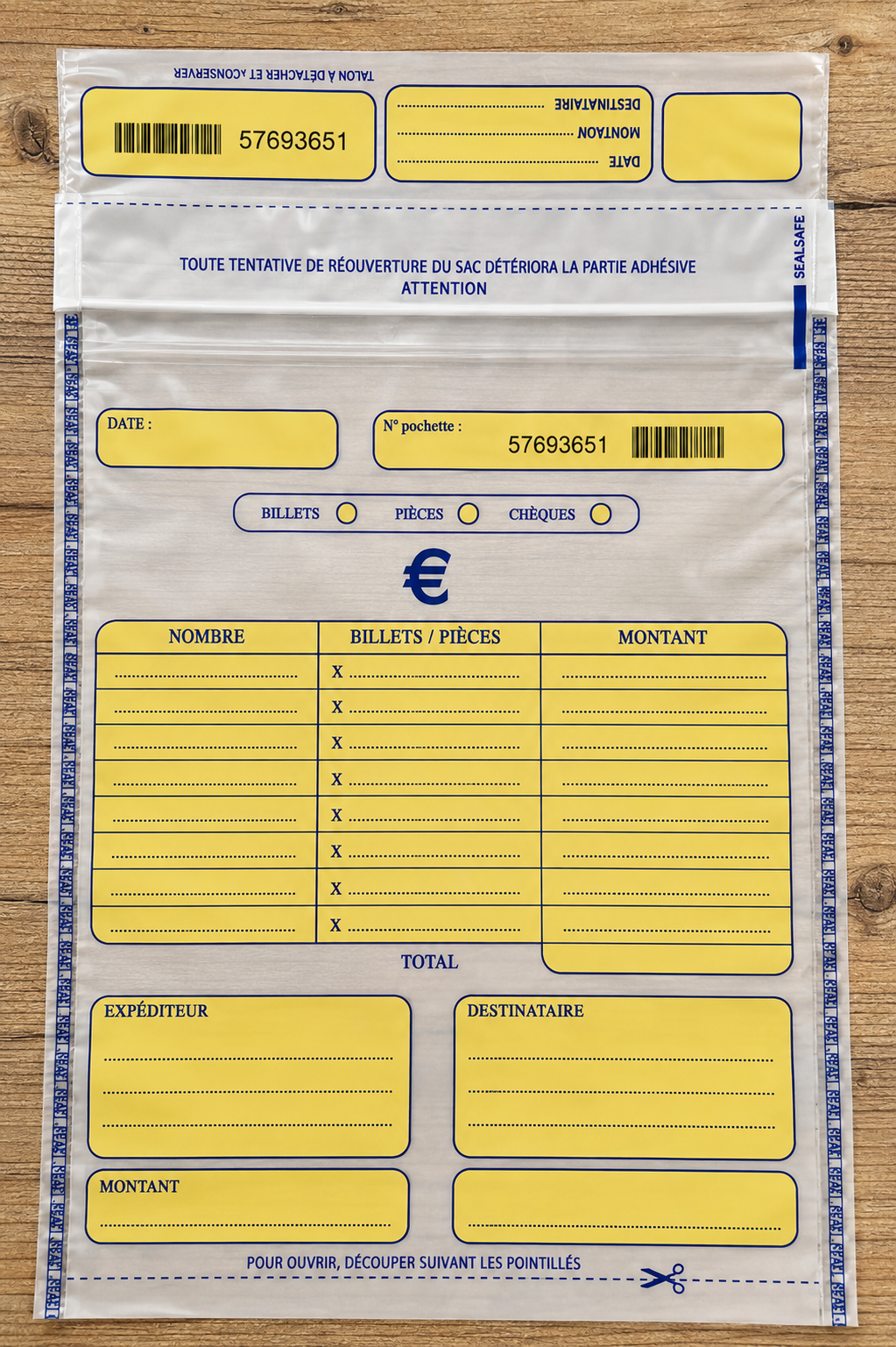 sachet scellé pour billets pièces et chèques mairie