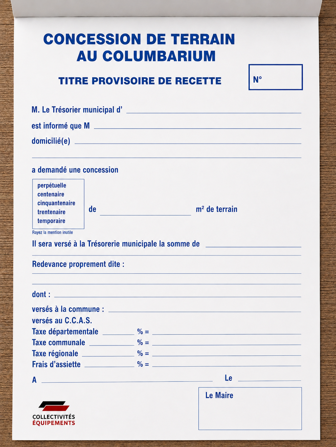 Titre de recette provisoire COLUMBARIUM