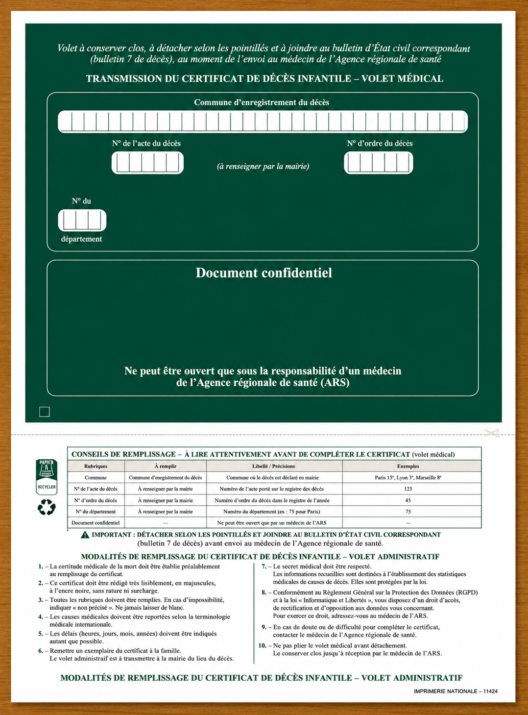 certificat de décès infantile verso