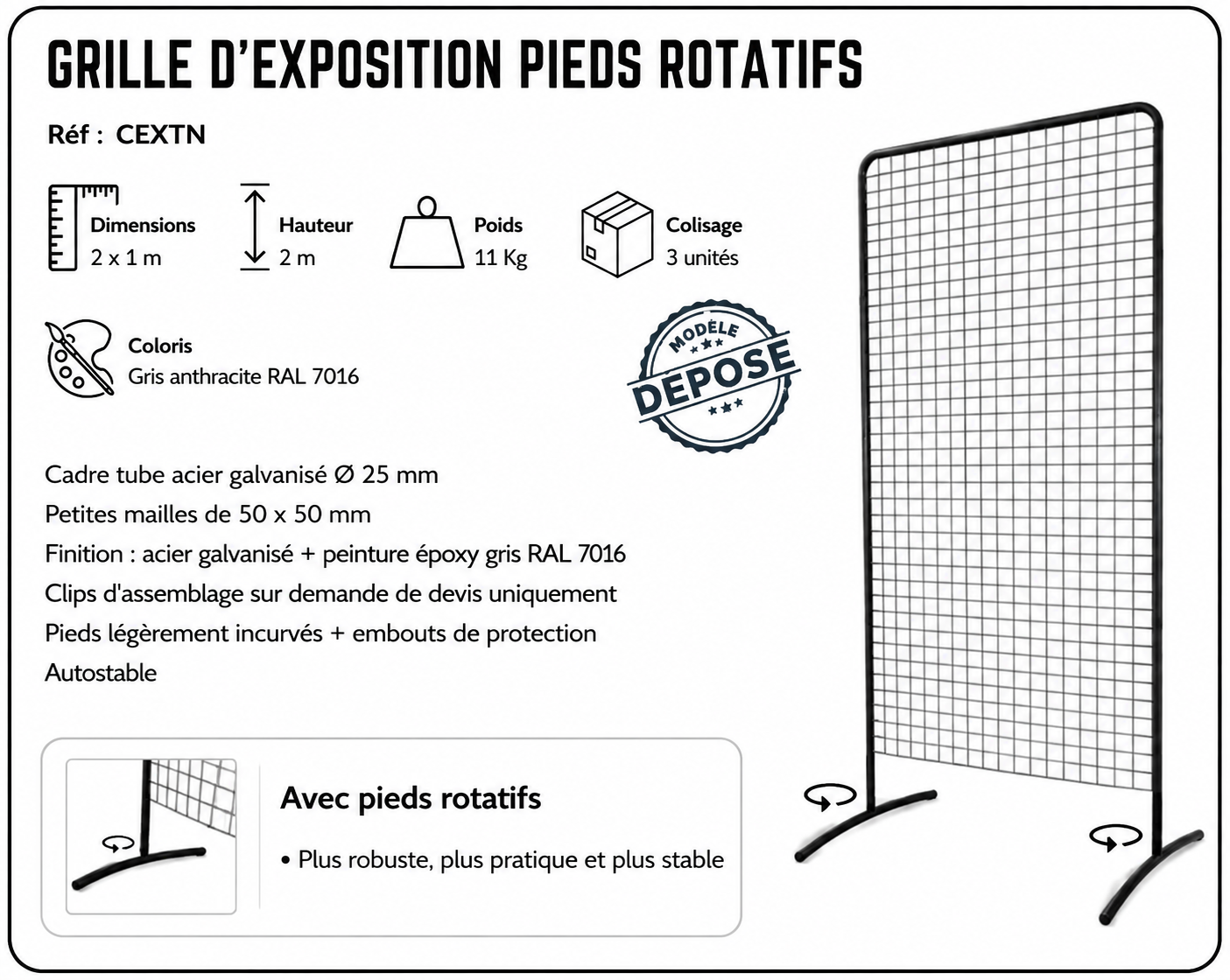 grille-exposition-pieds-rotatifs-acier