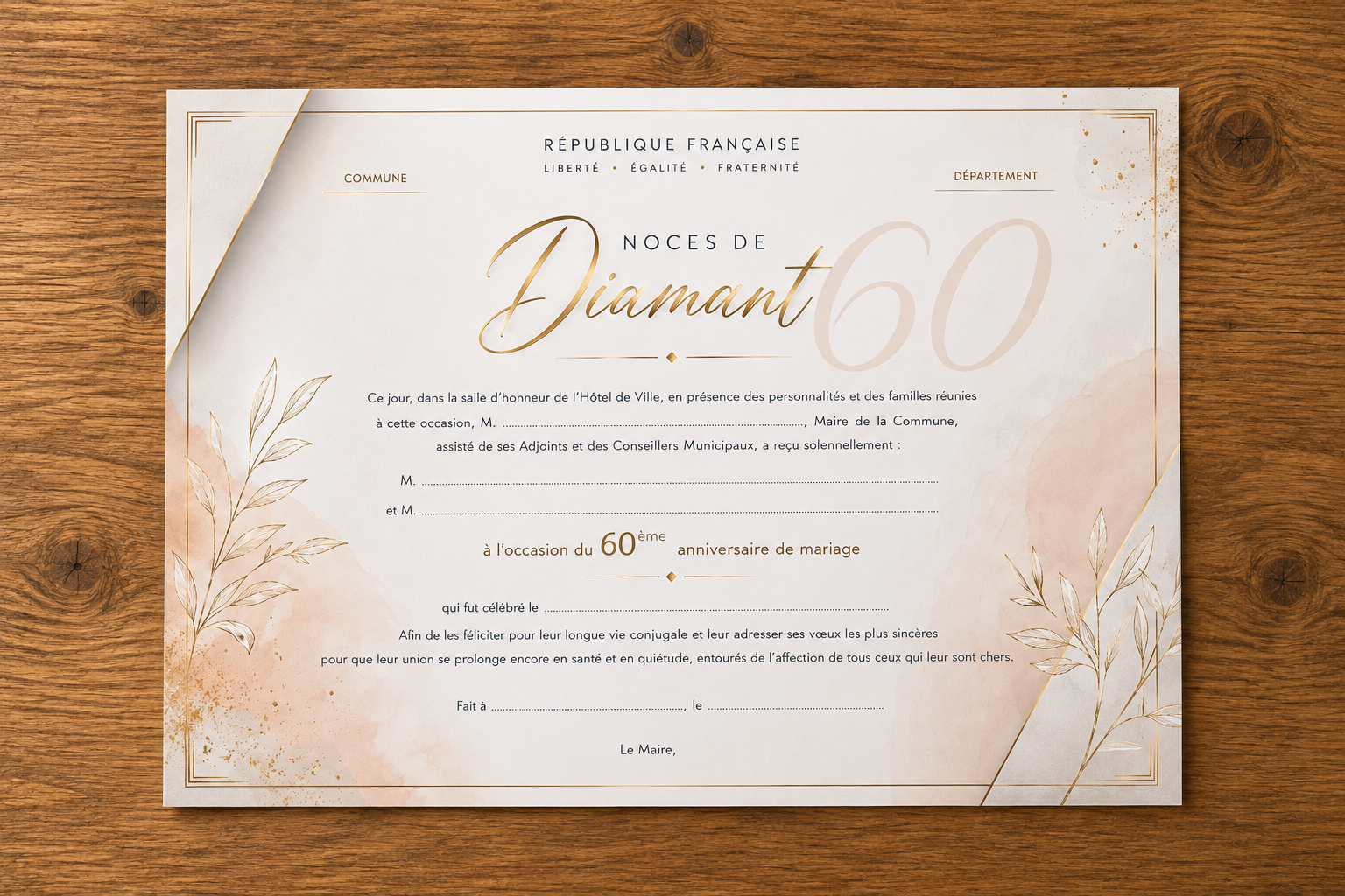 Diplome noce de fiamant mairie