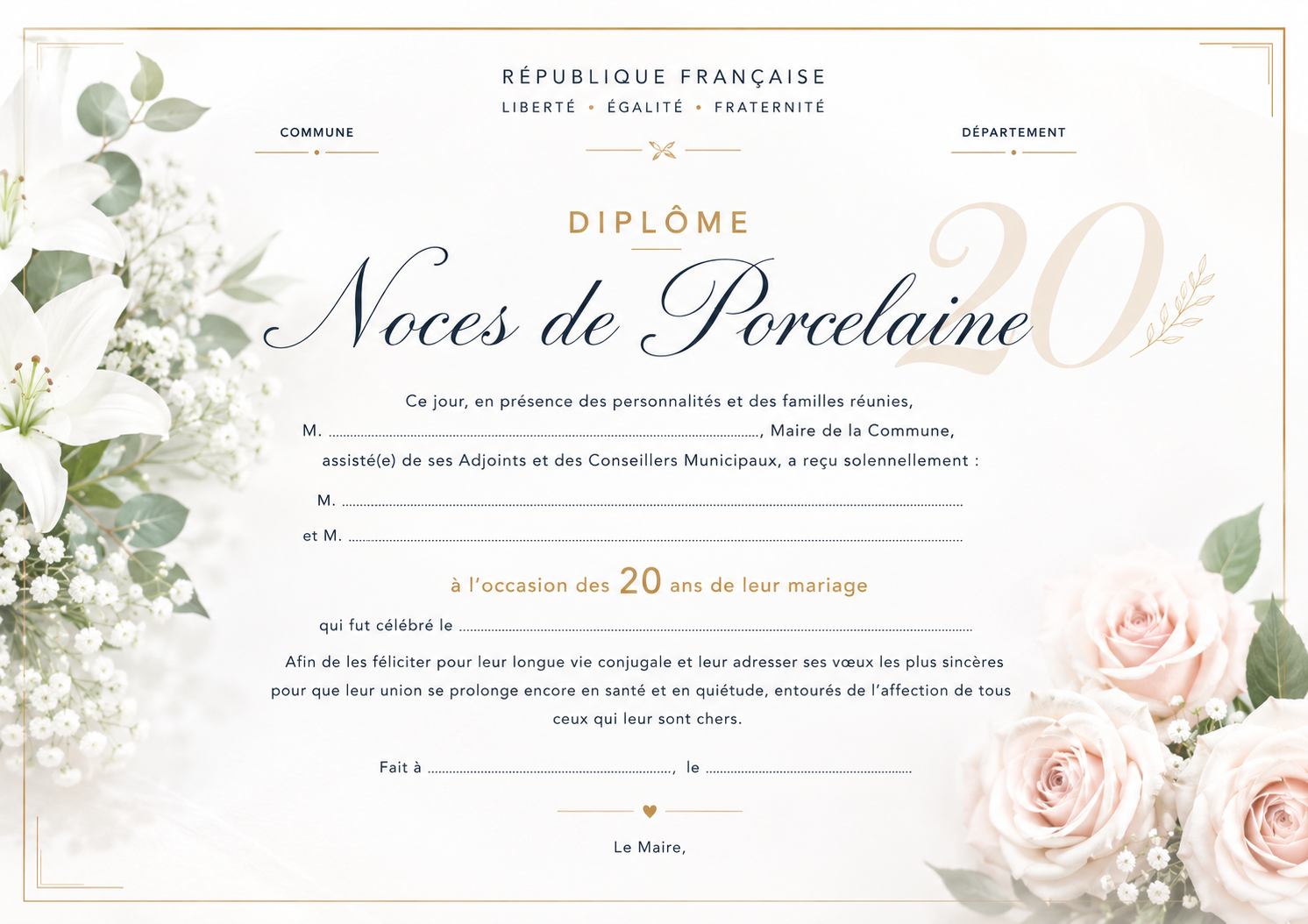 diplome de noces de porcelaines 20 mairie