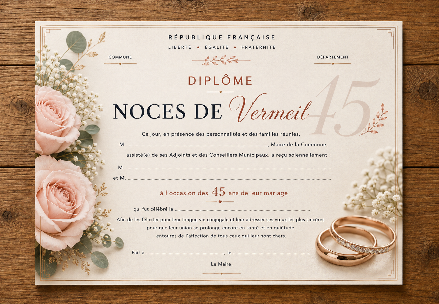 diplome noces de vermeil 45