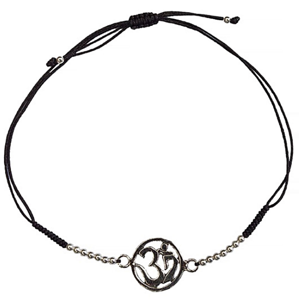 Bracelet-Om-Argent-avec-cordon-ajustable-en-coton-noir