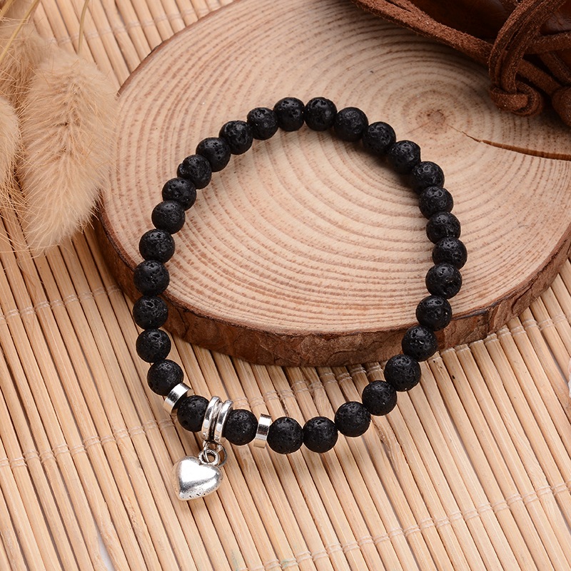 Bracelet Coeur en Pierre de Lave Boules 6mm