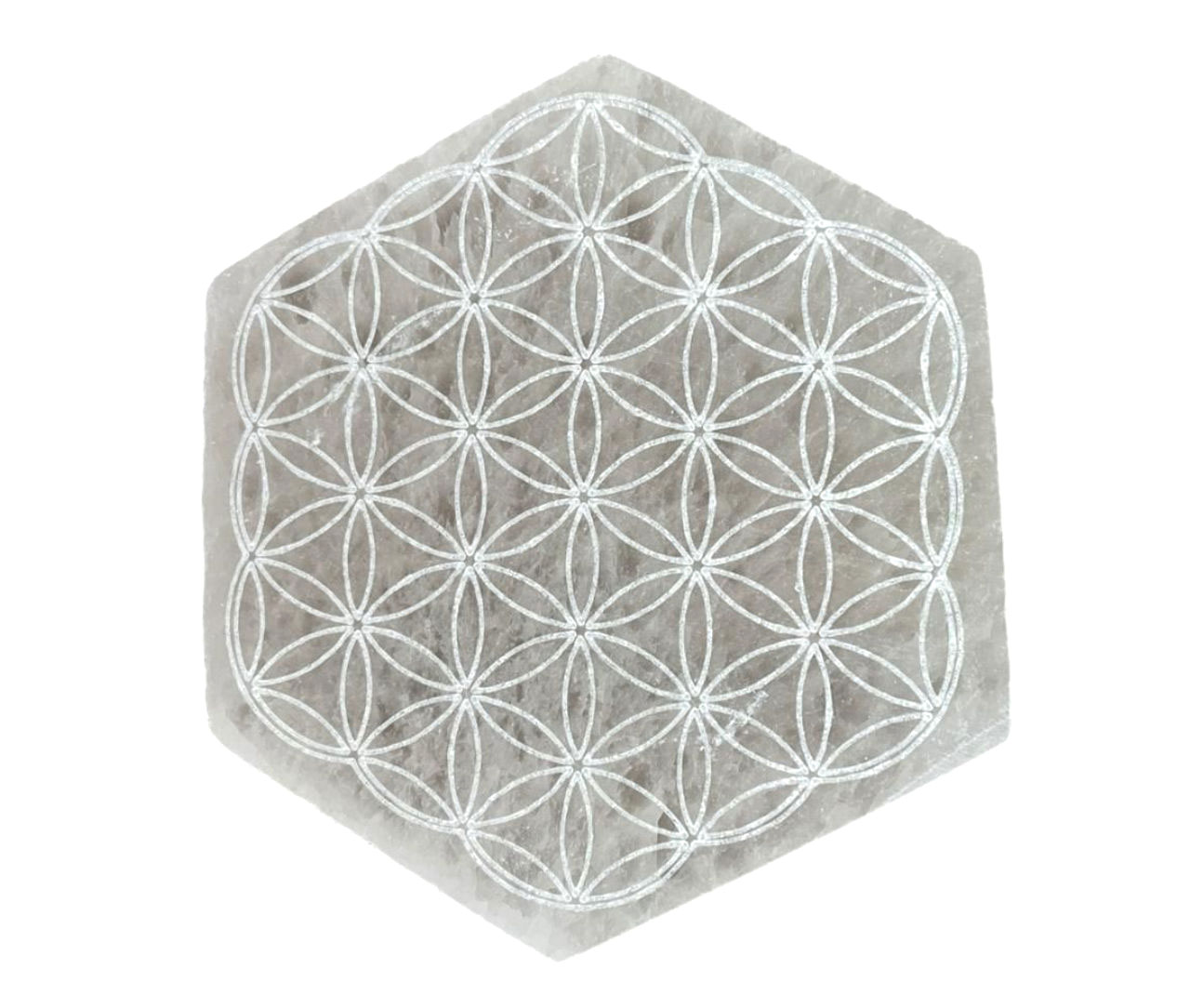 Dalle-de-purification-en-Sélénite-Fleur-de-vie---Hexagonal-de-10cm