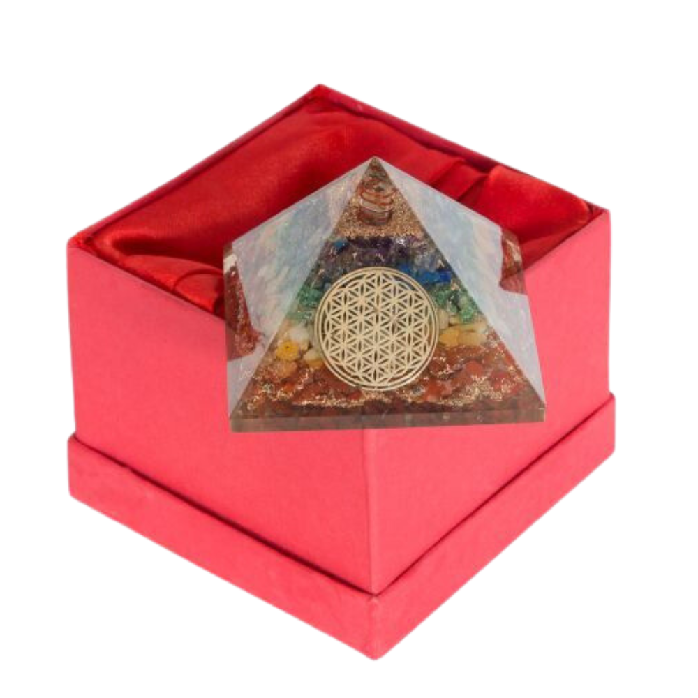 Pyramide Orgonite Fleur de Vie &amp; Pierres des 7 Chakras