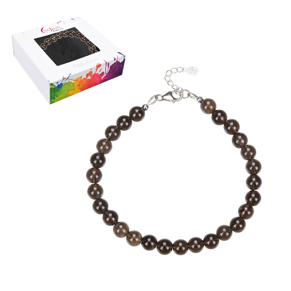 Bracelet Quartz fumé en Boules 6mm et Argent 925 Rhodié