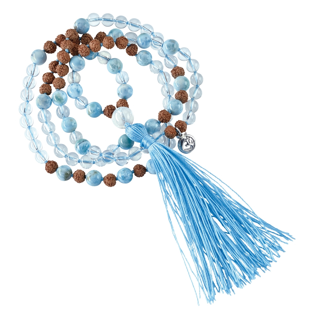Collier Mala Tibétain en Cristal de roche et Larimar (Ouverture)