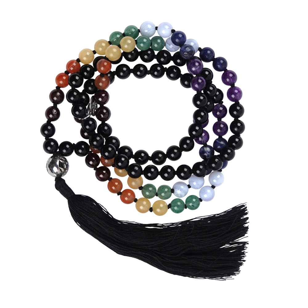 Collier Mala Tibétain en perles de Tourmaline noire et de 7 chakras