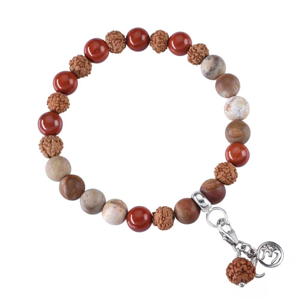 Bracelet Mala Tibétain en Bois pétrifié et Jaspe rouge (Mise à la terre)