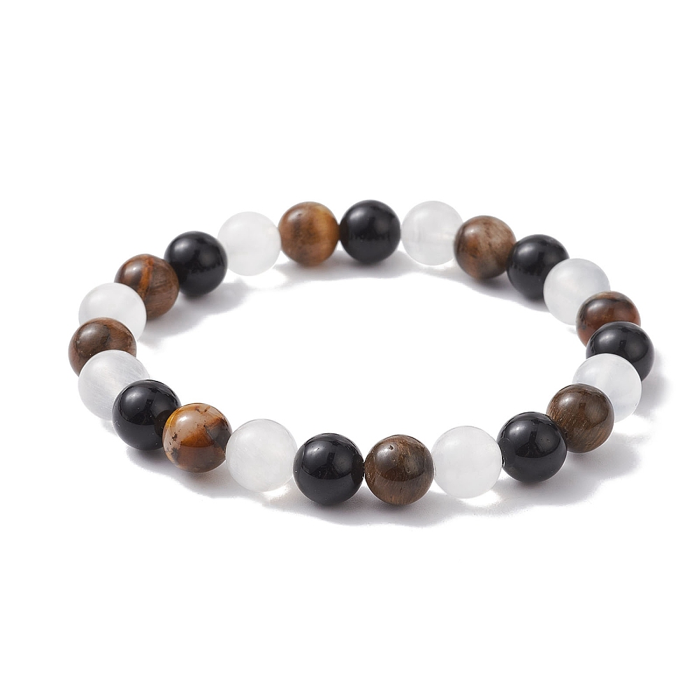 Bracelet Oeil de Tigre, Sélénite et Obsidienne Noire de 8mm