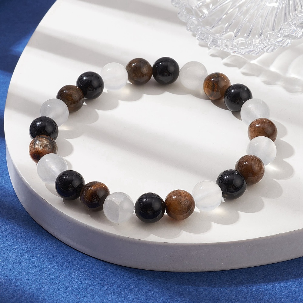 Bracelet Oeil de Tigre, Sélénite et Obsidienne Noire de 8mm