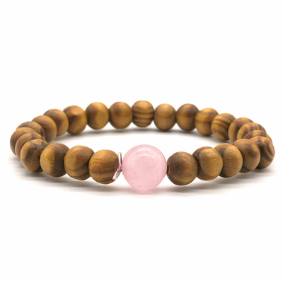 Bracelet bois naturel et pierre de quartz rose