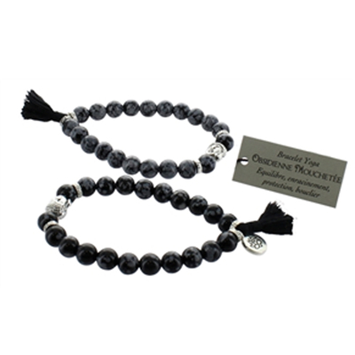 Bracelet Obsidienne Mouchetée Perles rondes 8 mm Pompon et Lotus