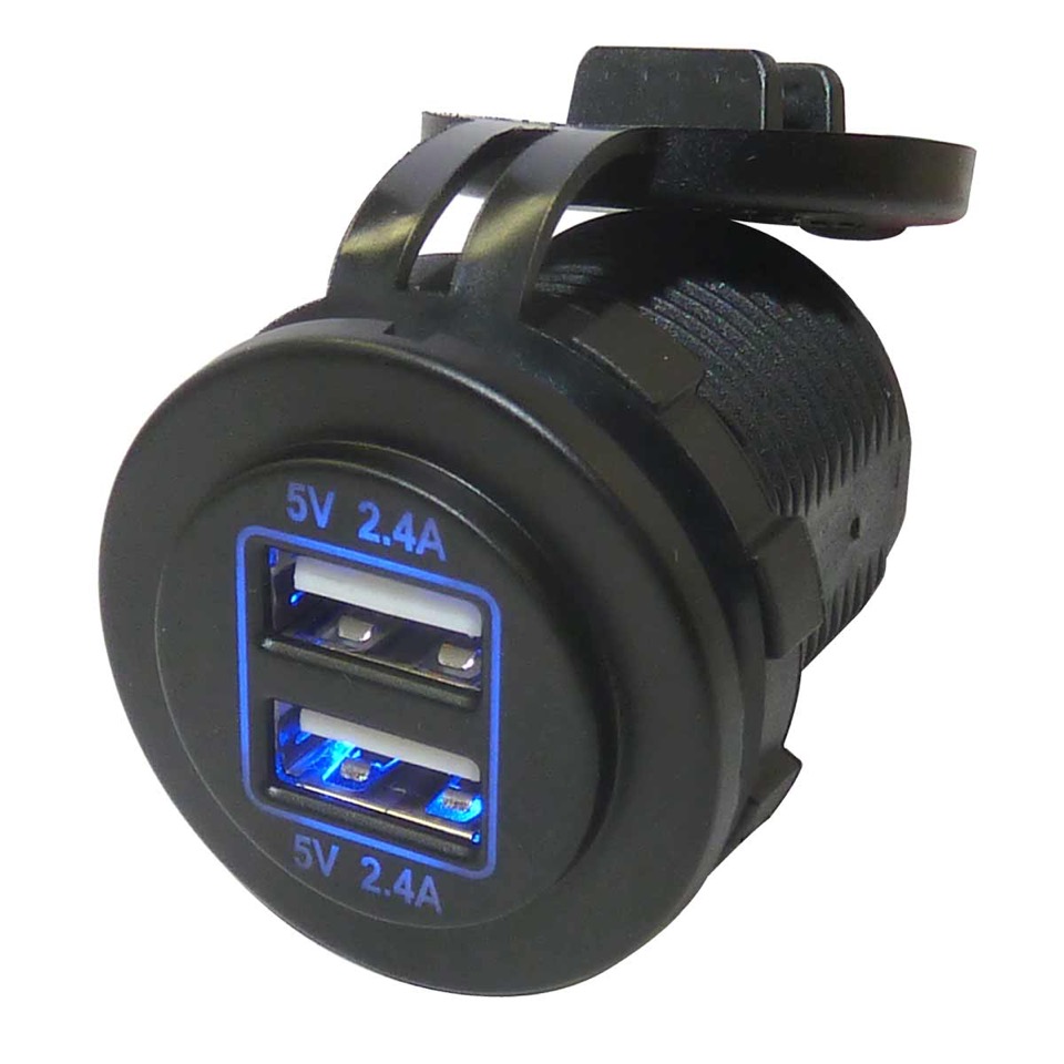 Chargeur double USB étanche marine 4.8A 5V lumineux bleu