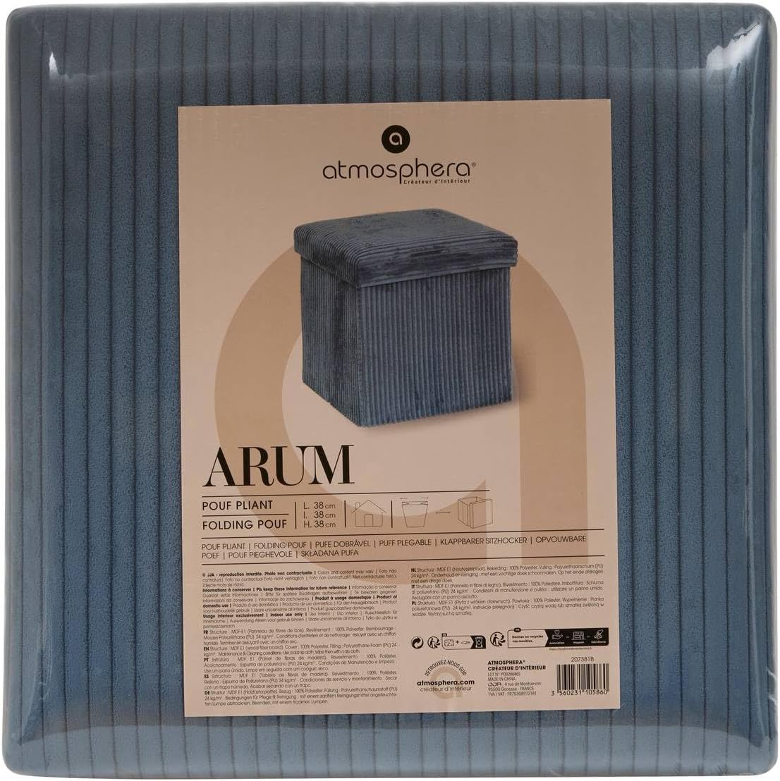 Pouf pliant Arum côtelé 38 x 38 cm bleu encre