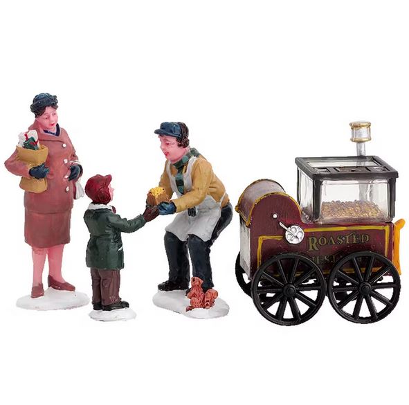 Scène de Village Miniature - Roasted Chestnut Stand - Lot de 4 Pièces