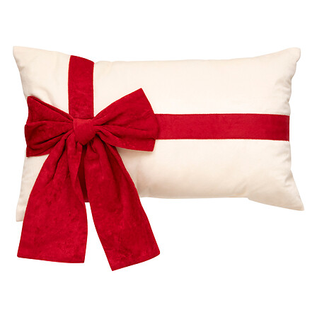 Coussin avec nœud rouge façon paquet cadeau velours 30x50 cm blanc