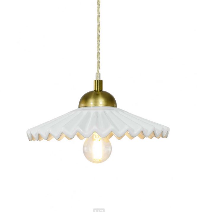 Suspension en Céramique et Cordon Textile Torsadé - BABOUCHKA - Blanc/Doré