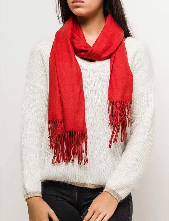Écharpe en cachemire uni avec franges ROUGE FONCE