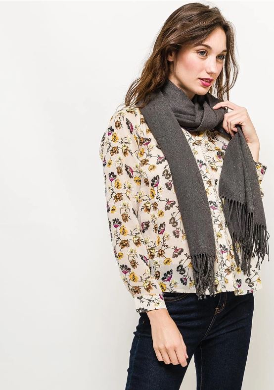 Écharpe en cachemire uni avec franges GRIS FONCE